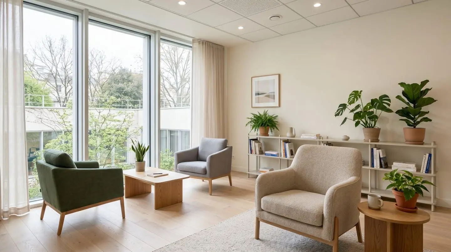 Intérieur d'un cabinet de thérapie moderne avec un fauteuil en tissu clair, grande fenêtre laissant entrer une lumière naturelle abondante, plantes vertes, décor minimaliste épuré