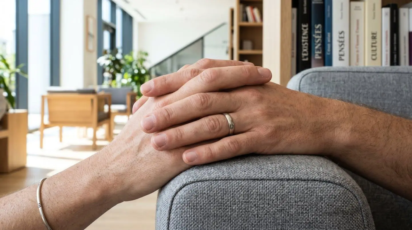 Gros plan sur des mains posées sur un accoudoir en tissu clair, doigts légèrement croisés, lumière naturelle douce créant des ombres subtiles