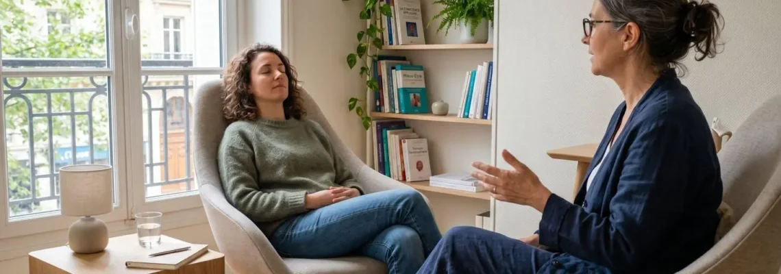 Un praticien en hypnose et une patiente installés dans des fauteuils confortables dans un cabinet lumineux, vue de trois-quarts, ambiance calme et professionnelle