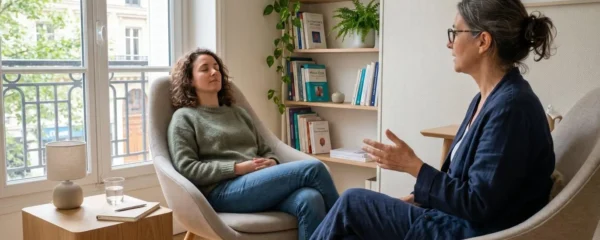 Un praticien en hypnose et une patiente installés dans des fauteuils confortables dans un cabinet lumineux, vue de trois-quarts, ambiance calme et professionnelle