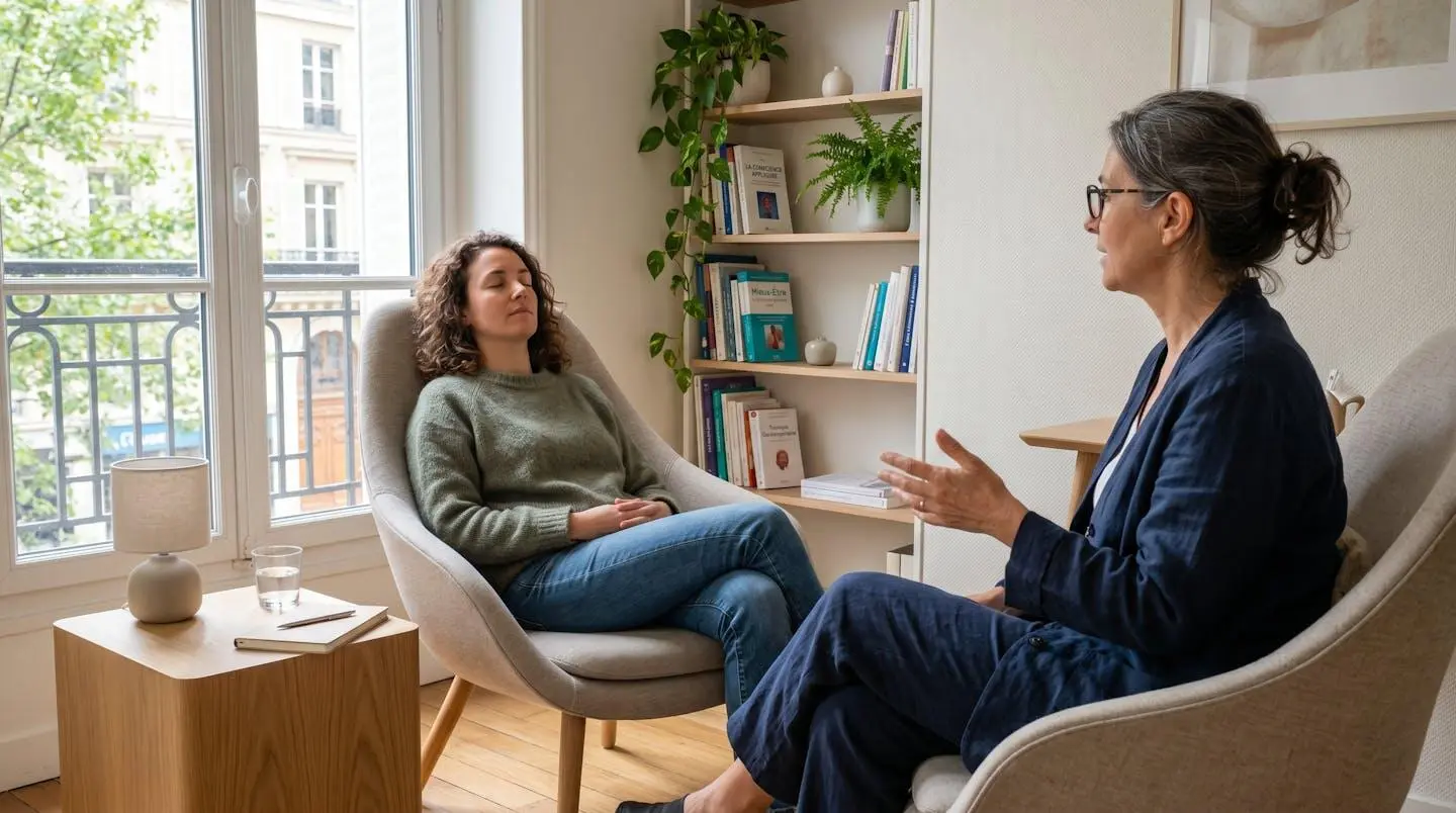 Un praticien en hypnose et une patiente installés dans des fauteuils confortables dans un cabinet lumineux, vue de trois-quarts, ambiance calme et professionnelle