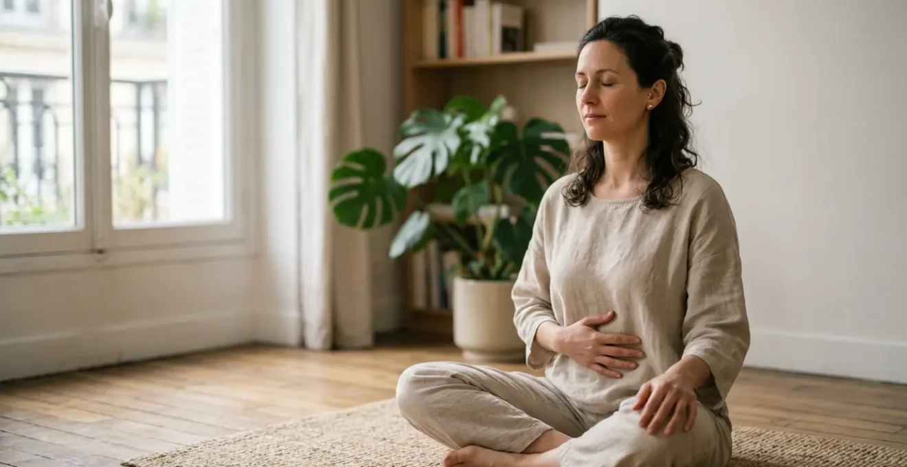 Personne sereine pratiquant l'autohypnose pour soulager les douleurs abdominales dans un environnement apaisant