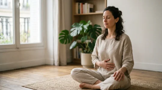 Personne sereine pratiquant l'autohypnose pour soulager les douleurs abdominales dans un environnement apaisant