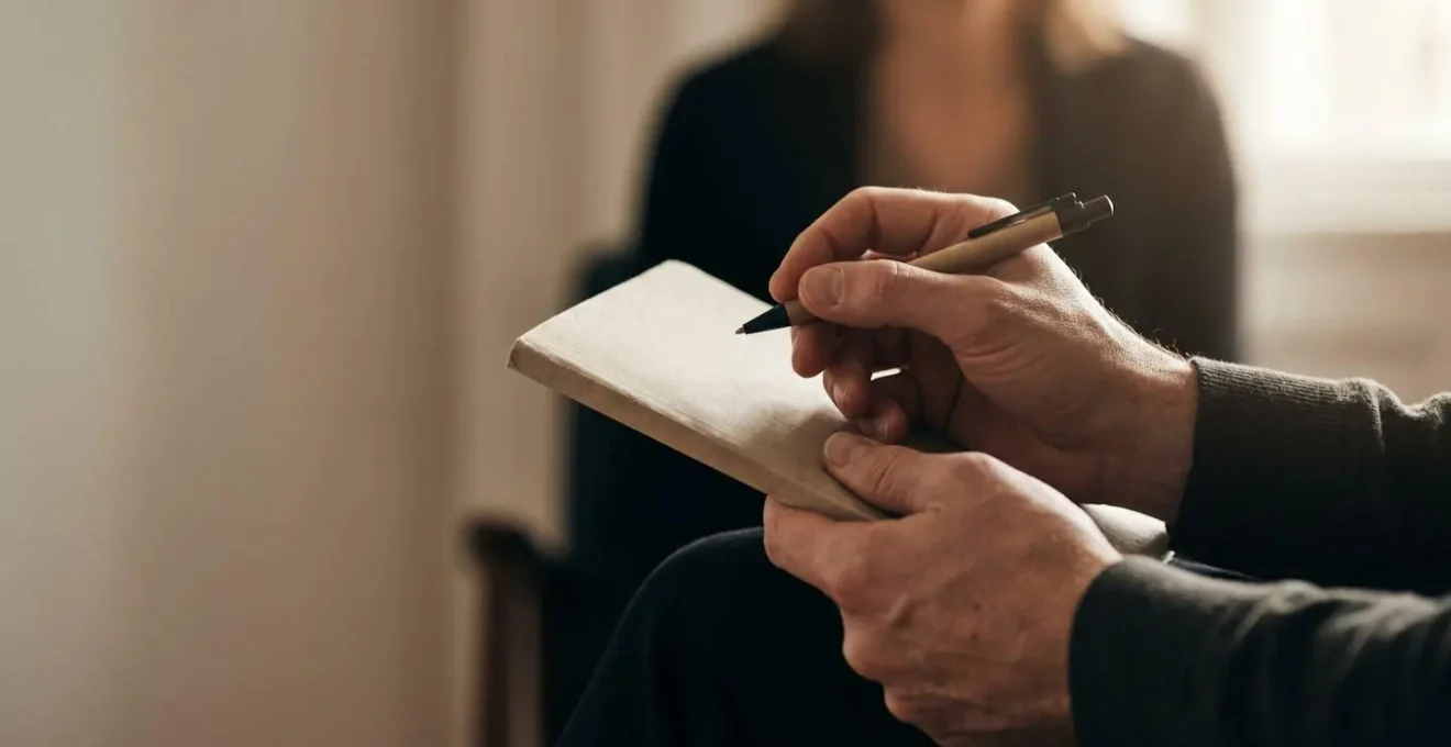Vue rapprochée de mains d'un praticien prenant des notes lors d'un entretien d'anamnèse