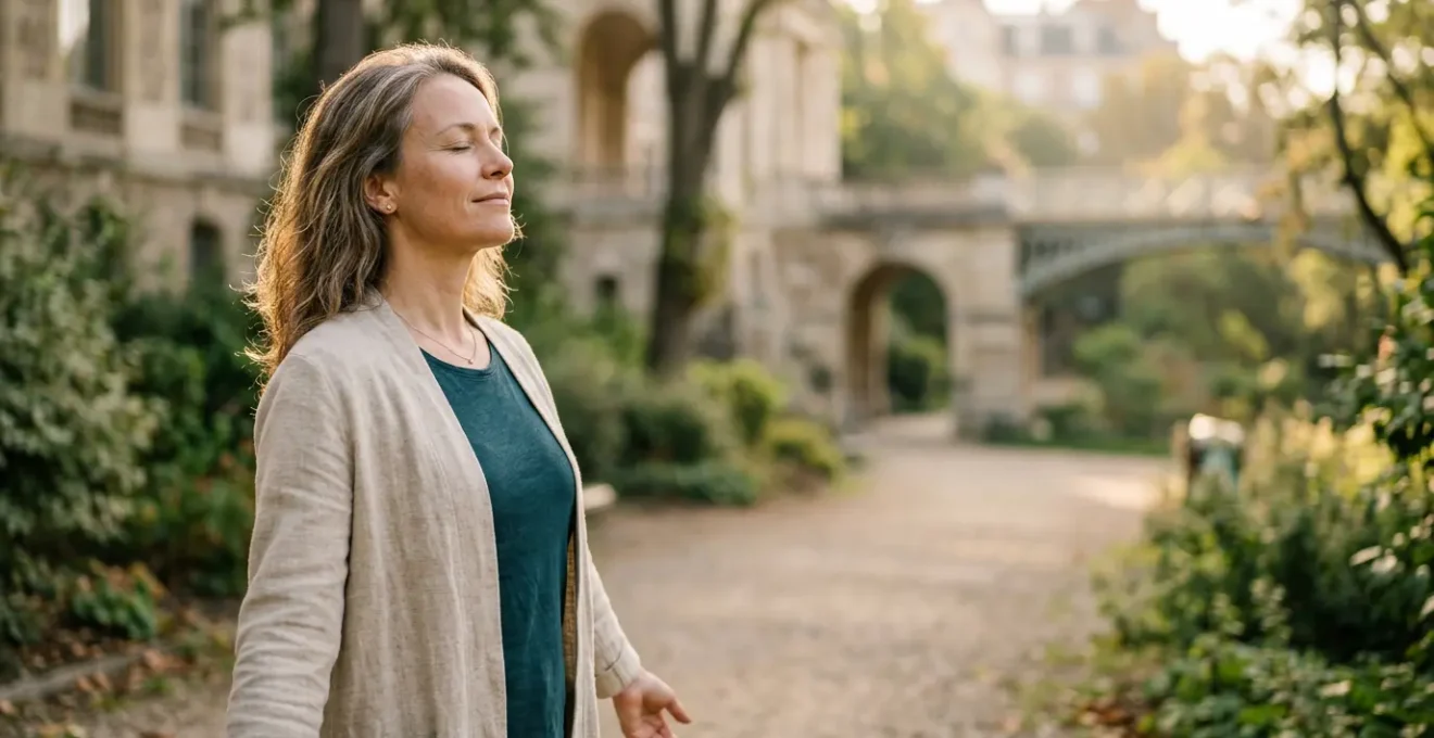 Personne sereine respirant profondément en plein air, symbolisant la liberté retrouvée après l'arrêt du tabac par hypnose