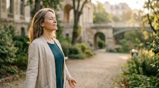 Personne sereine respirant profondément en plein air, symbolisant la liberté retrouvée après l'arrêt du tabac par hypnose
