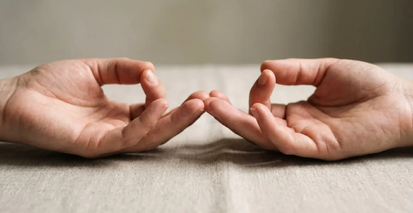 Gros plan sur des mains posées en geste de relaxation, lumière douce et textures organiques suggérant le calme intérieur