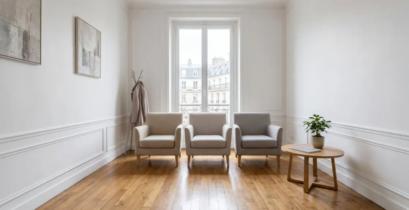 Salle d'attente apaisante d'un cabinet d'hypnose en France avec ambiance chaleureuse et professionnelle