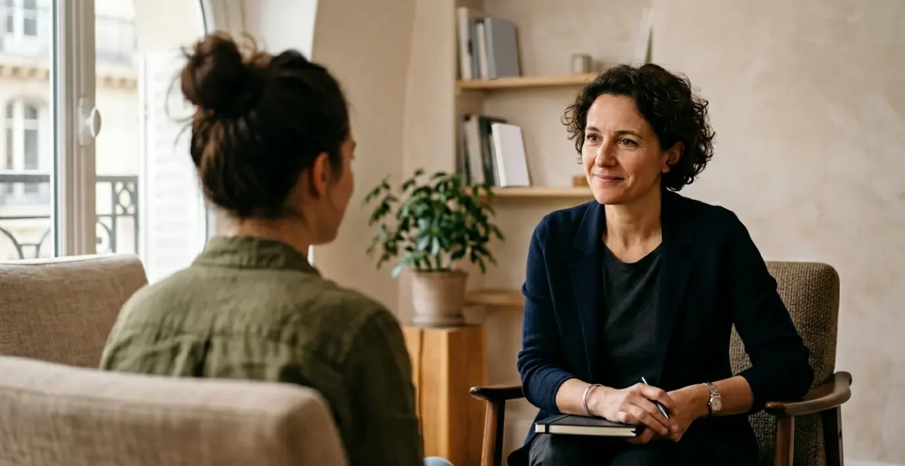 Scene therapeutique montrant un praticien en hypnose attentif face a un patient dans un environnement chaleureux et professionnel