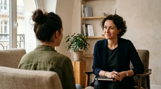 Scene therapeutique montrant un praticien en hypnose attentif face a un patient dans un environnement chaleureux et professionnel