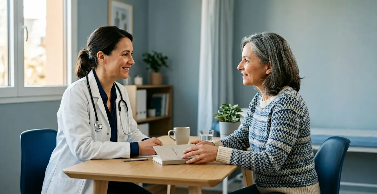 Professionnel de santé et patient discutant d'une approche de soins coordonnée dans un environnement médical apaisant