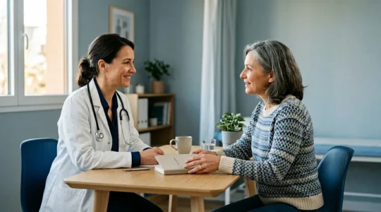 Professionnel de santé et patient discutant d'une approche de soins coordonnée dans un environnement médical apaisant