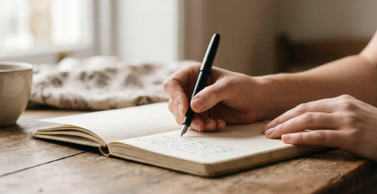 Mains écrivant dans un journal intime dans une lumière naturelle douce