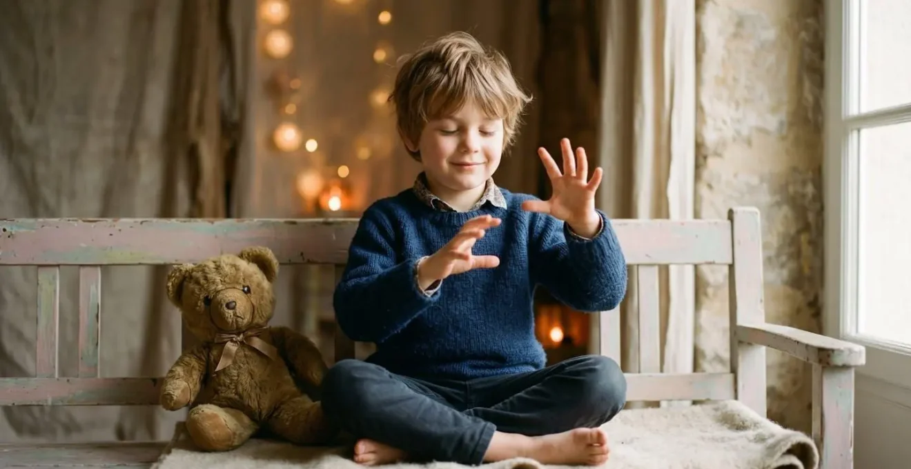 Enfant français concentré dans un état de relaxation créative, illustrant le processus d'hypnose thérapeutique