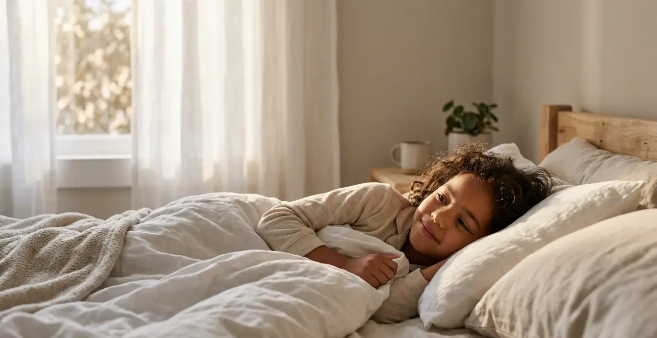 Enfant paisible au réveil dans un lit baigné de lumière naturelle douce