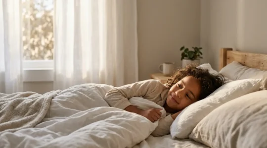 Enfant paisible au réveil dans un lit baigné de lumière naturelle douce