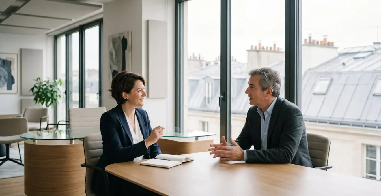 Deux professionnels en situation d'entretien dans un espace de travail français moderne, échangeant avec respect et écoute active