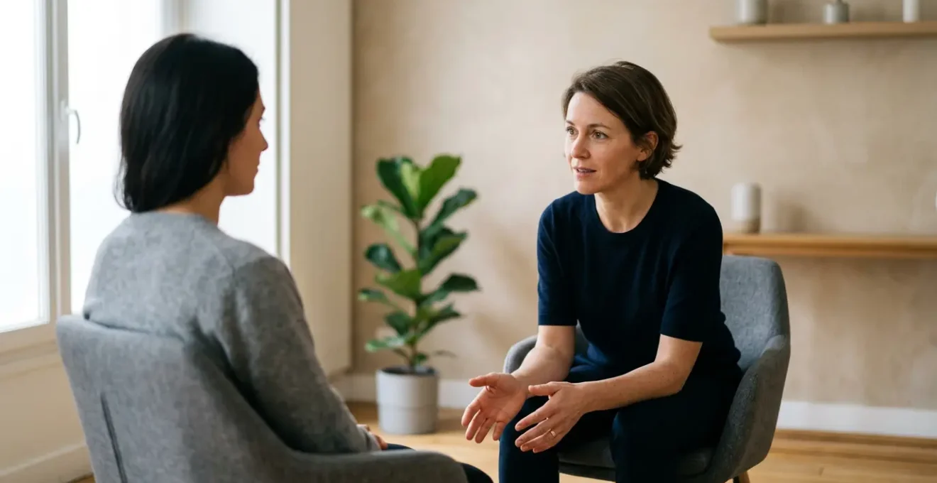 Praticien en hypnose lors d'un entretien thérapeutique empathique avec un patient
