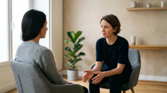 Praticien en hypnose lors d'un entretien thérapeutique empathique avec un patient