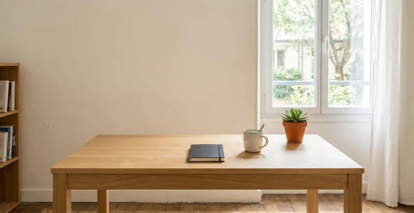 Espace de travail minimaliste baigné de lumière naturelle propice à la concentration pour les révisions