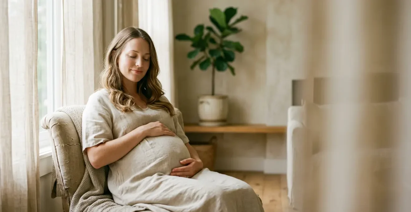 Femme enceinte sereine en état de relaxation profonde, préparation à l'accouchement par l'hypnose