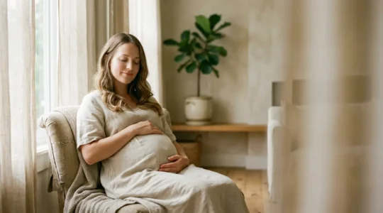 Femme enceinte sereine en état de relaxation profonde, préparation à l'accouchement par l'hypnose