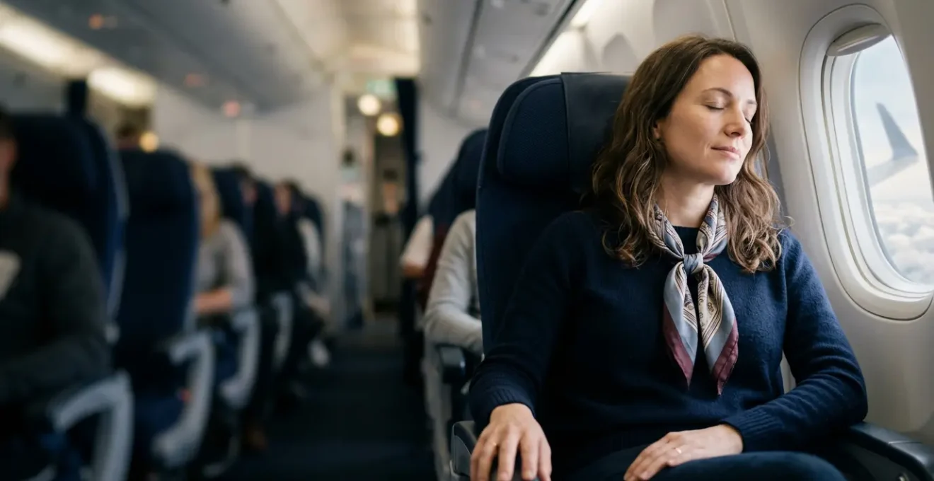 Personne sereine dans un avion moderne, regard paisible tourné vers le hublot