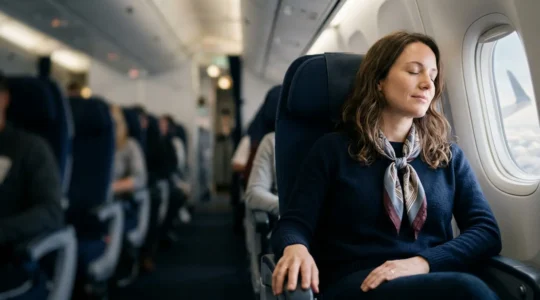 Personne sereine dans un avion moderne, regard paisible tourné vers le hublot