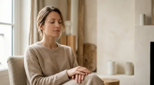 Personne en état d'hypnose, yeux fermés, dans une lumière douce symbolisant le calme et la transformation de la perception sensorielle