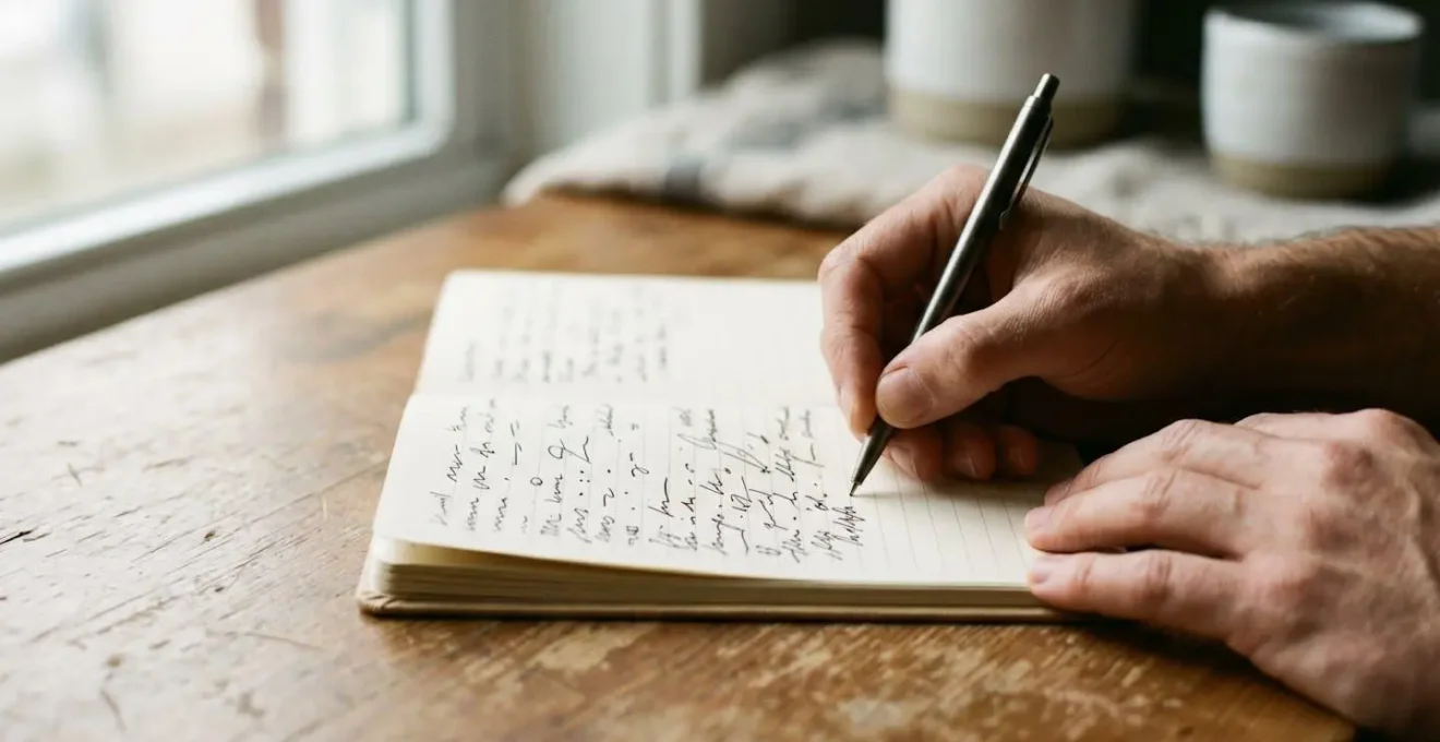 Mains écrivant dans un carnet de suivi thérapeutique avec un stylo, symbolisant l'auto-observation et la traçabilité des progrès