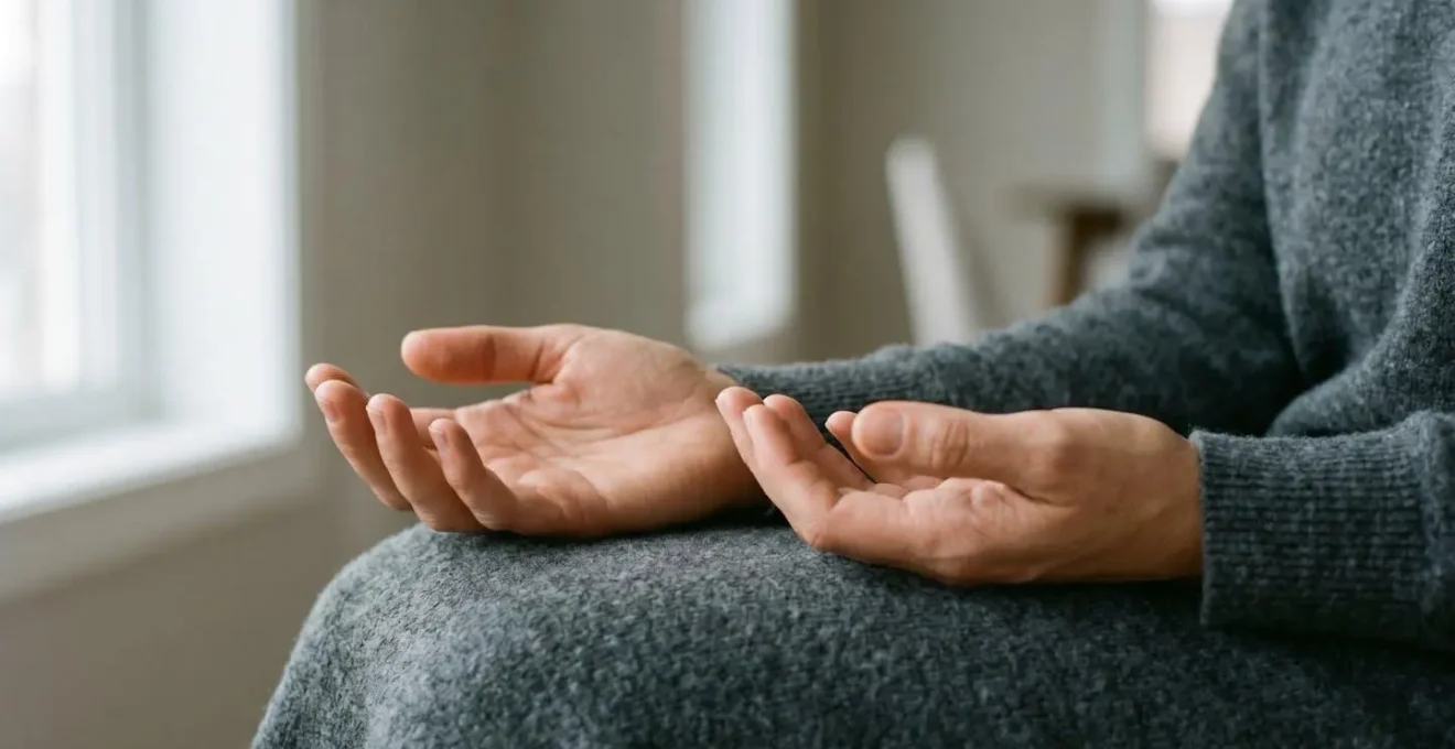 Gros plan sur des mains posées en position de repos méditatif, symbolisant la gestion naturelle de l'anxiété sans médicaments