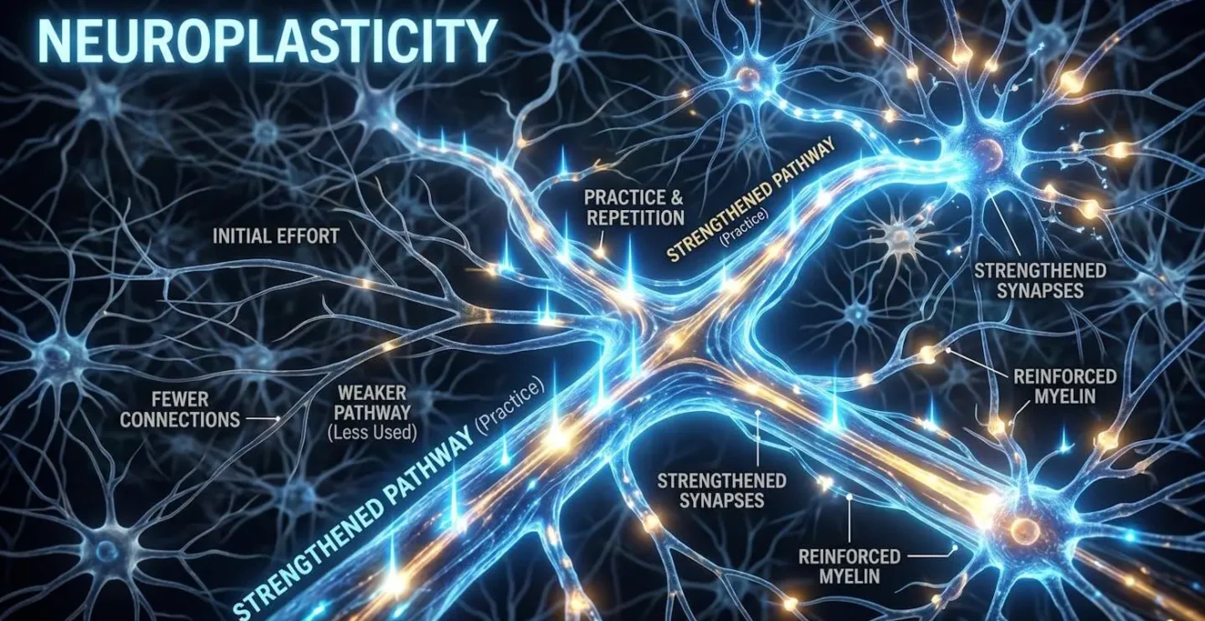 Métaphore visuelle de la neuroplasticité et du renforcement des sentiers neuronaux par la pratique répétée