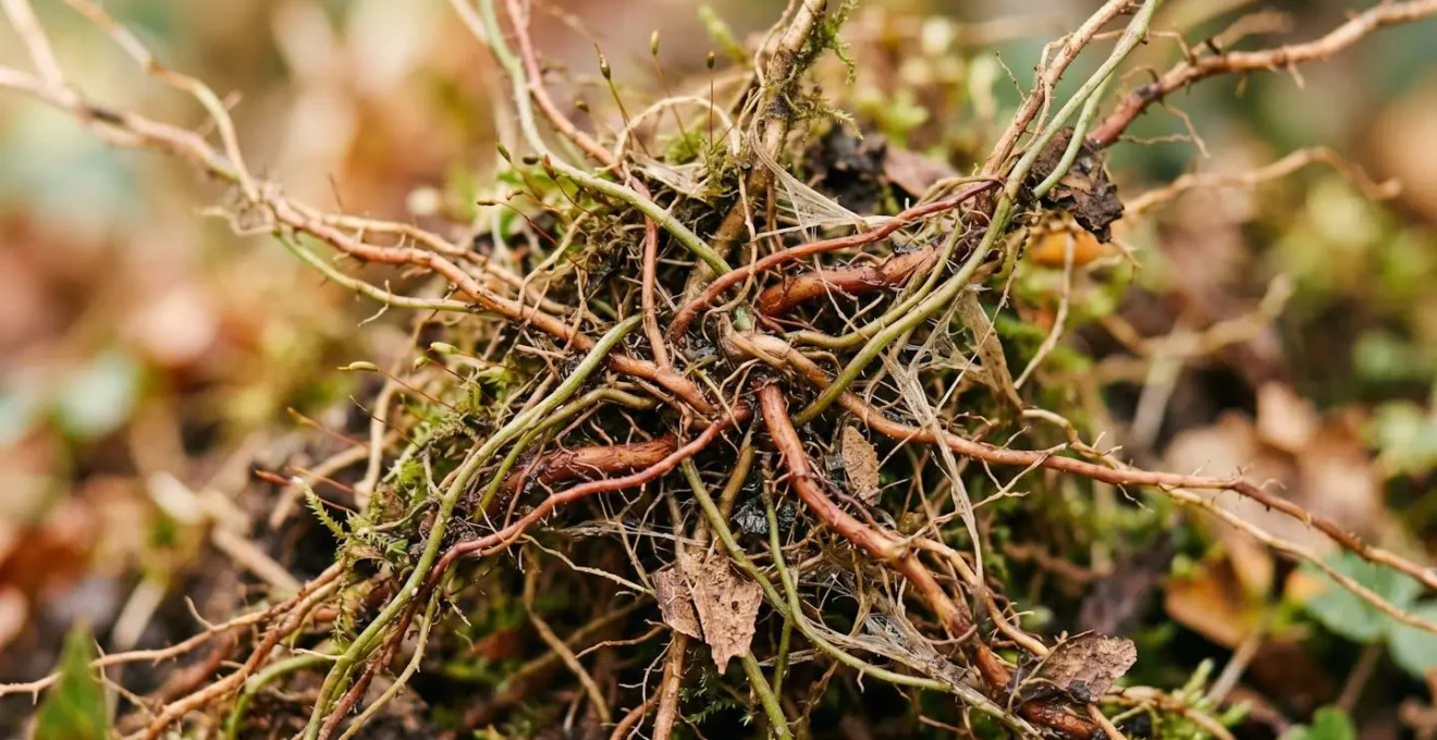 Représentation symbolique de la neuroplasticité à travers des éléments naturels interconnectés suggérant la formation de nouvelles voies