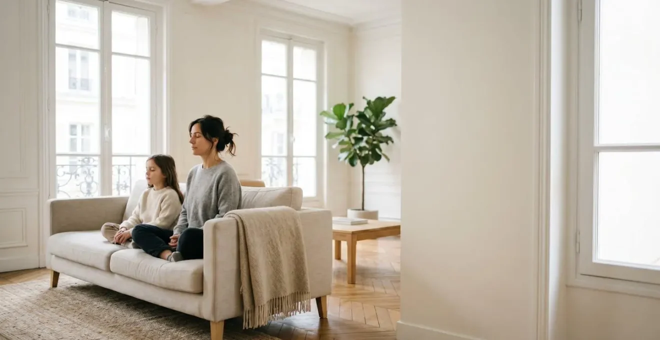 Parent et enfant français pratiquant ensemble un exercice de relaxation à domicile pour renforcer les bienfaits de l'hypnose