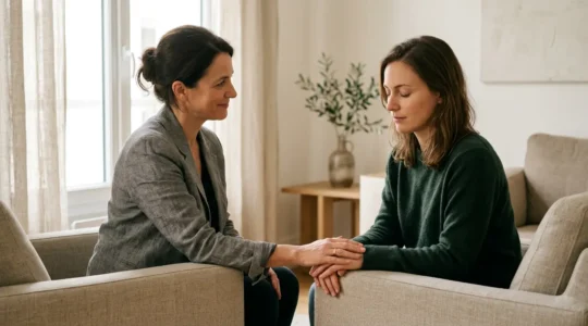 Séance d'hypnose thérapeutique dans un cabinet en France montrant une approche centrée sur le patient