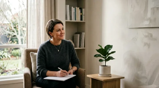 Professionnel de santé en consultation éthique et bienveillante dans un cadre thérapeutique rassurant