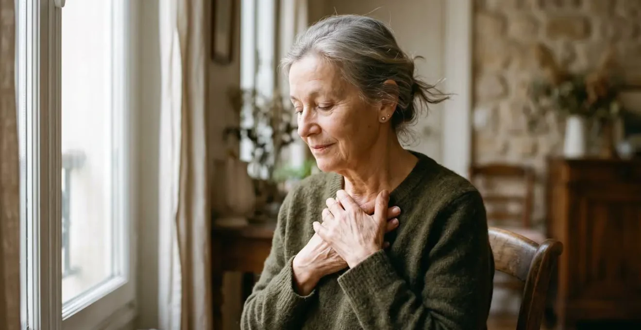 Personne en moment de réflexion paisible dans un intérieur français contemporain