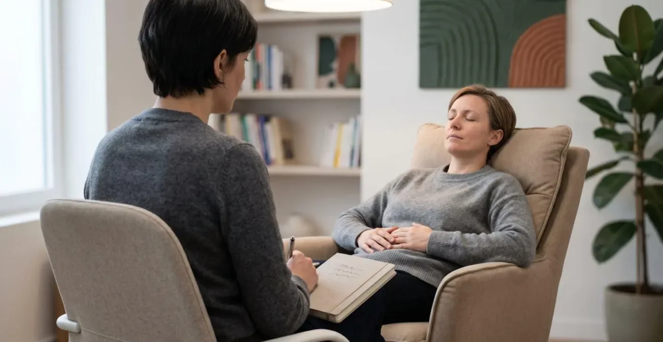 Séance d'hypnothérapie dans un cabinet médical français, praticien et patient dans une relation thérapeutique de confiance