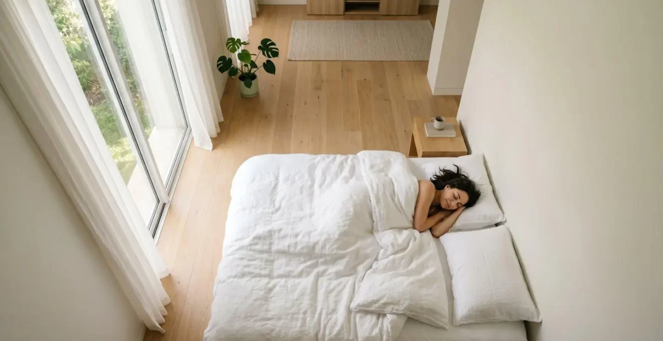 Vue en plongée sur personne se réveillant paisiblement dans une chambre minimaliste inondée de lumière matinale douce, expression de sérénité