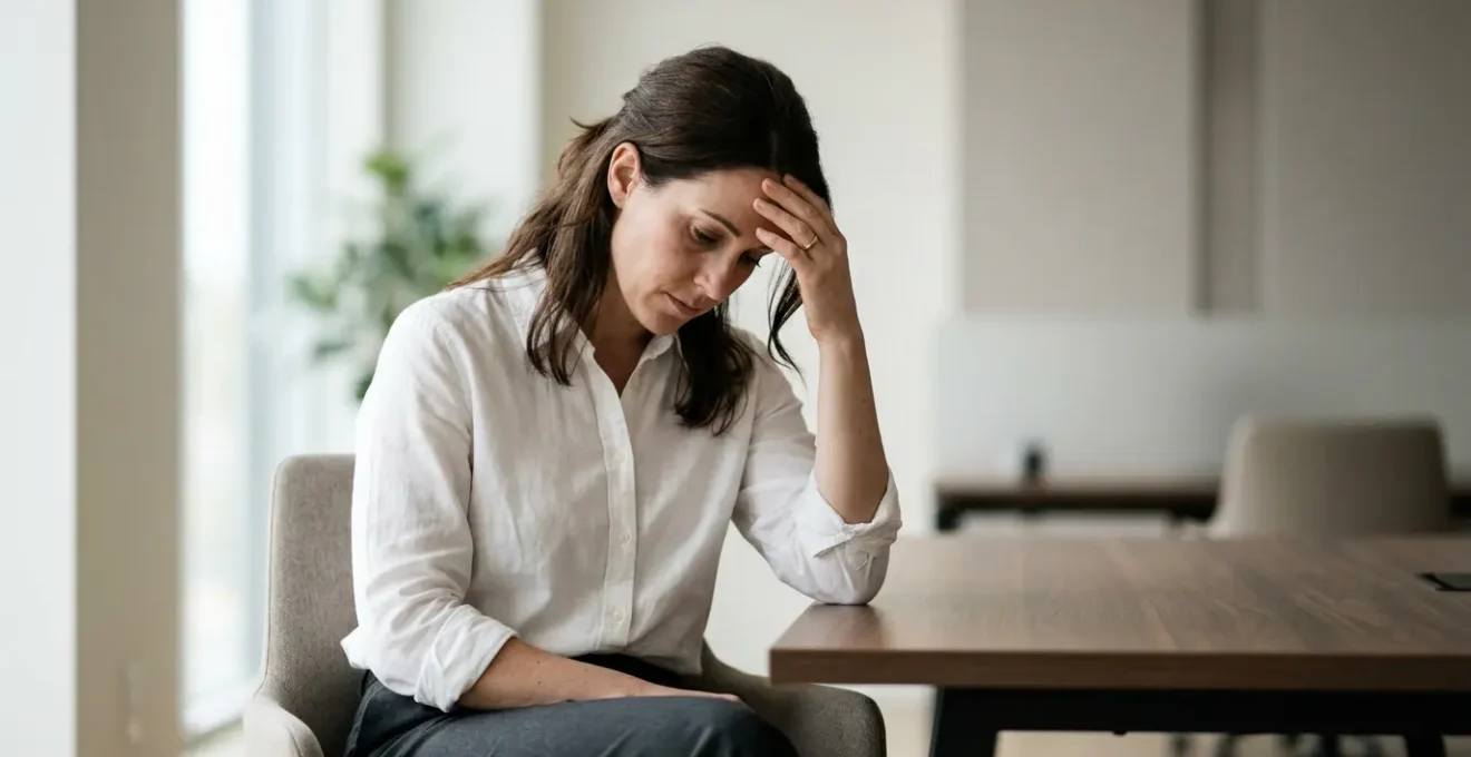 Professionnel assis seul dans un espace de travail moderne baigné de lumière naturelle, posture traduisant la fatigue et la tension, atmosphere contemplative