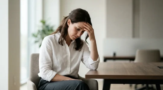 Professionnel assis seul dans un espace de travail moderne baigné de lumière naturelle, posture traduisant la fatigue et la tension, atmosphere contemplative