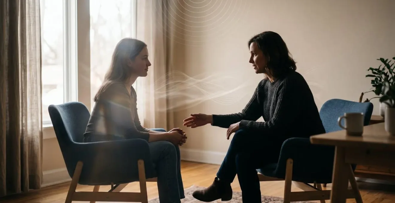 Représentation symbolique d'une communication thérapeutique en hypnose avec suggestions directes, ambiance professionnelle et bienveillante