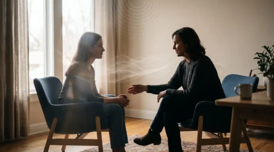 Représentation symbolique d'une communication thérapeutique en hypnose avec suggestions directes, ambiance professionnelle et bienveillante