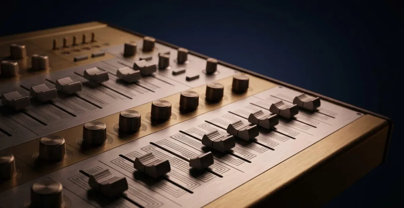 Métaphore visuelle d'une table de mixage audio représentant la capacité du cerveau à moduler les perceptions sensorielles