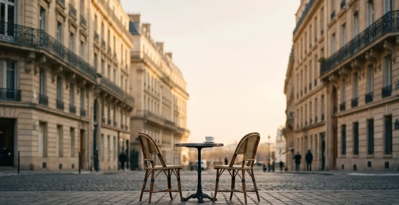 Vue large d'une terrasse de café parisienne au calme, lumière dorée, espace négatif dominant, évoquant la sérénité d'un moment de pause sans cigarette